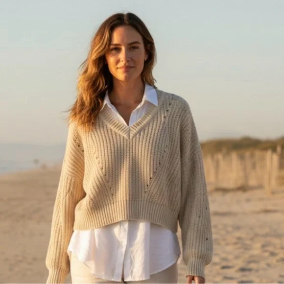 Jon & Anna Cream Pointelle Knit Cropped Sweater - Size M - Boho Coastal Academia - Picture 1 of 15